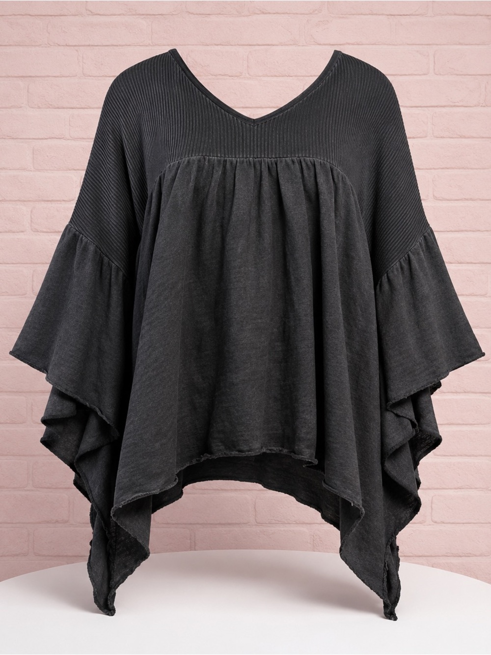 POL Charcoal Oversized Bell Sleeve Handkerchief Hem Boho Top S